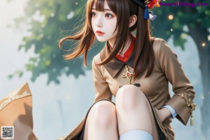 A woman in a school uniform sitting on the ground.