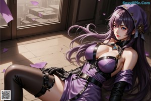 A woman in a purple outfit laying on the floor.